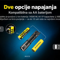 Nitecore MT1A Pro sa USB-C punjivom baterijom NL1411R od 1.100 mAh i mogućnošću napajanja AA baterijom.