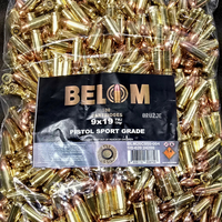 BELOM 9×19 mm Pistol Sport Grade - detaljan prikaz pištoljskih metaka sa oznakom BELOM 9×19 2026 na dnu mesingane čaure i crnim zaptivnim prstenom oko kapisle.