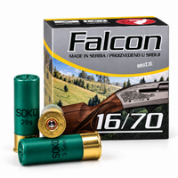 Falcon Stepski Soko 16/70 lovačka municija 29 g, sačma 3,5 mm, proizvedeno u Srbiji – originalna kutija i zeleni lovački patroni kalibra 16 na beloj pozadini.