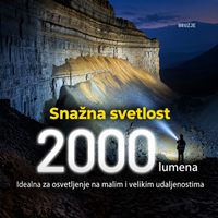 Presek NITECORE P40 lampe sa LEP tehnologijom, optičkim sočivom, reflektorom i belim laserskim emiterom