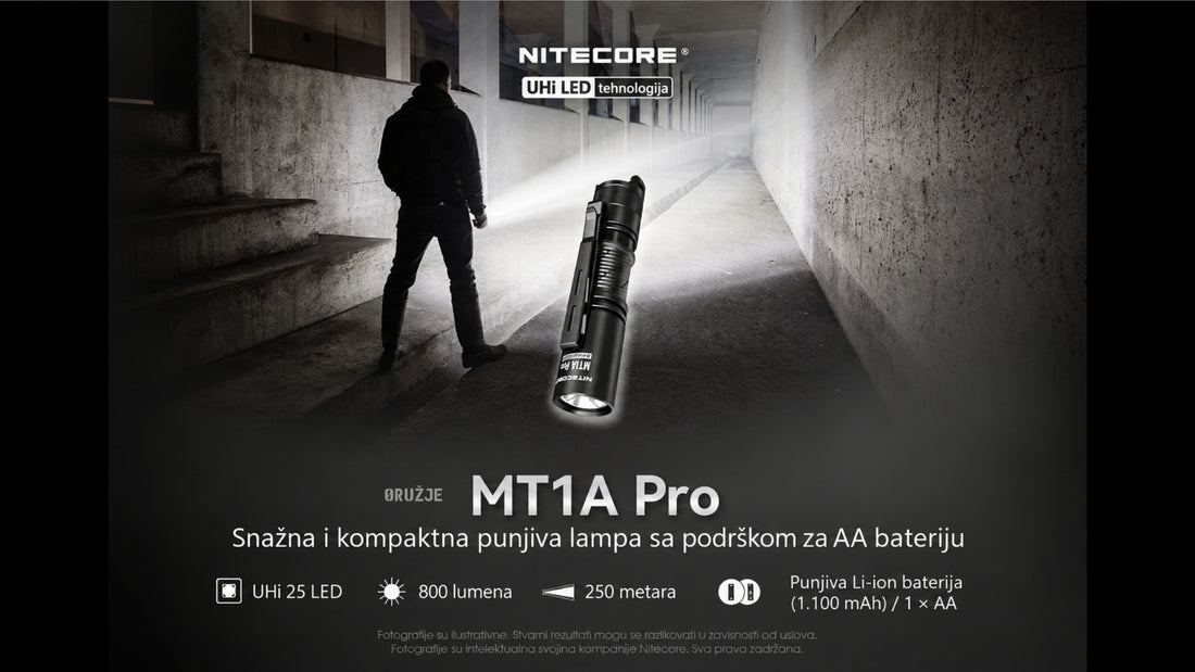 Nitecore MT1A Pro punjiva LED lampa sa 800 lumena i dometom do 250 metara, prikazana u hodniku.