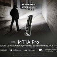 Nitecore MT1A Pro punjiva LED lampa sa 800 lumena i dometom do 250 metara, prikazana u hodniku.