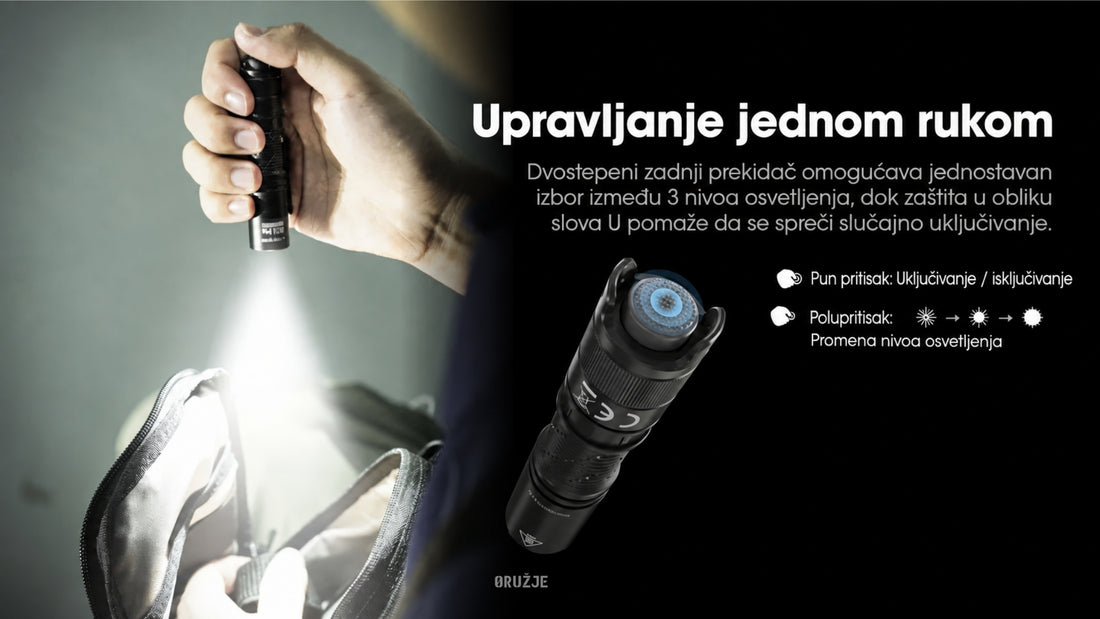 Kompaktna EDC lampa Nitecore MT1A Pro dužine 93 mm i mase 52 g sa baterijom, prikazana u ruci.