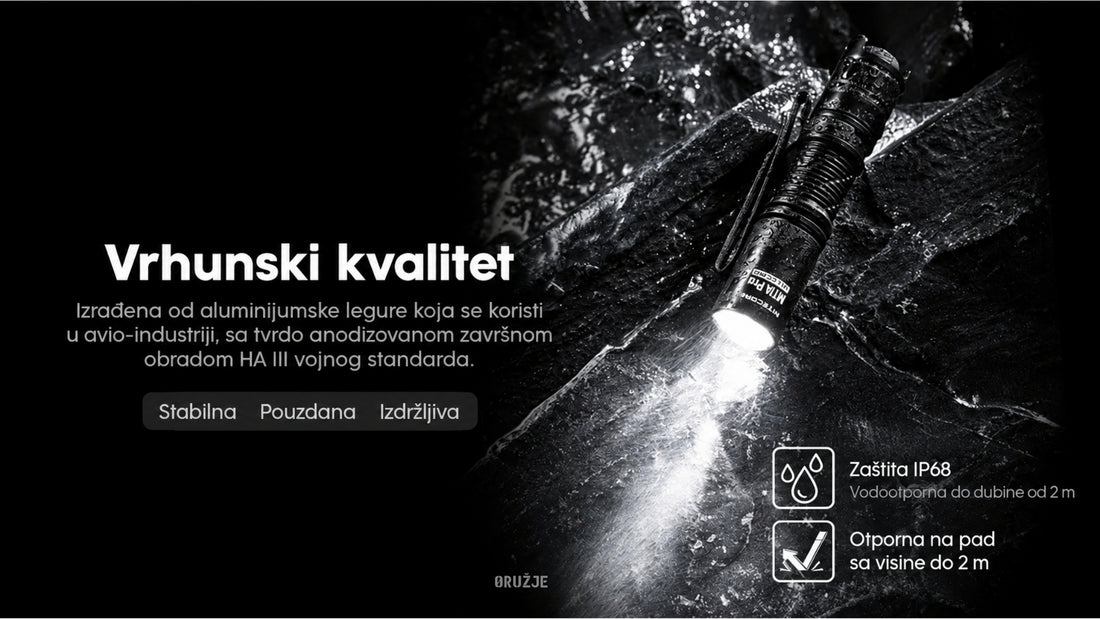 Nitecore MT1A Pro vodootporna LED lampa na mokrim stenama, sa zaštitom IP68 i otpornošću na pad do 2 m.