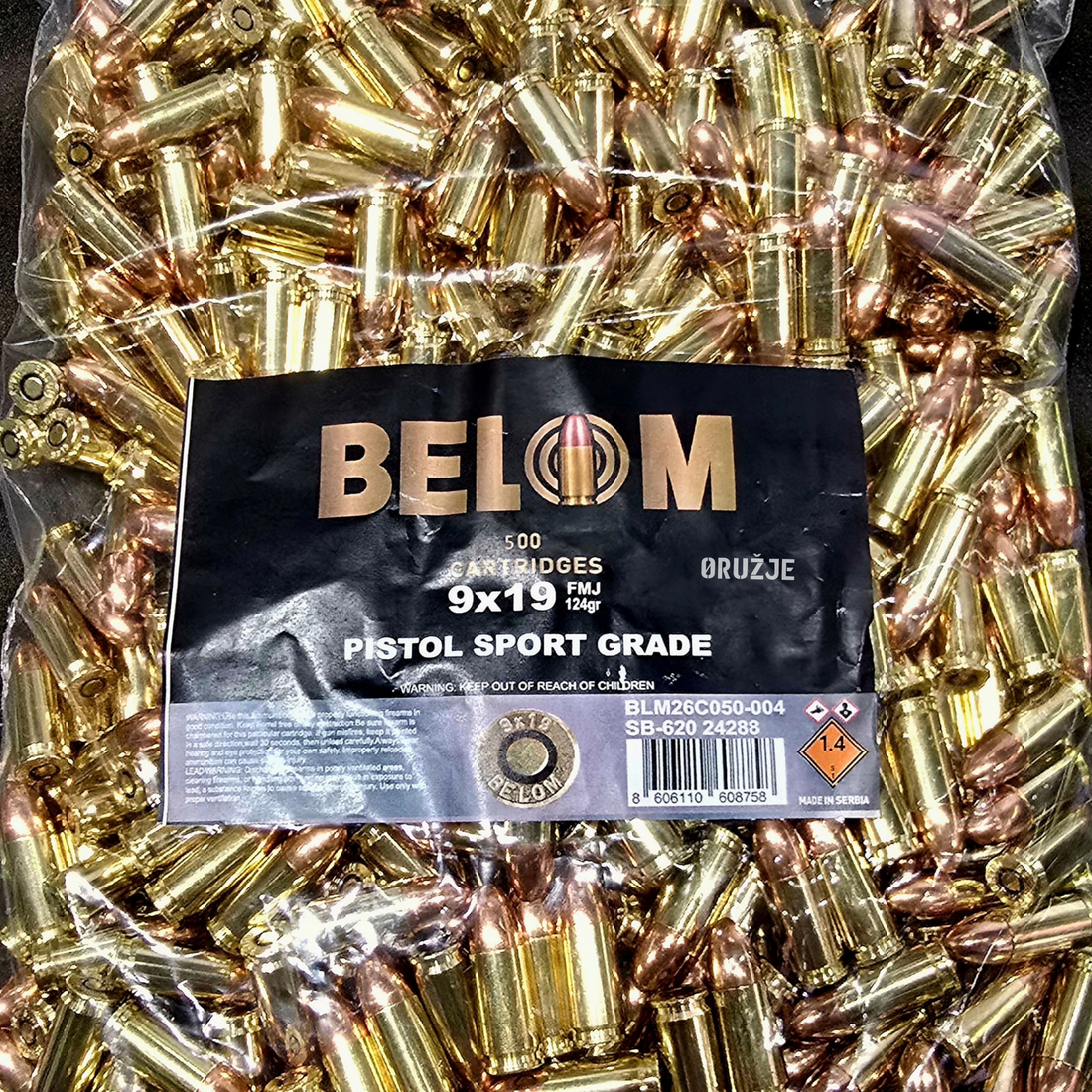 BELOM 9×19 mm Pistol Sport Grade - detaljan prikaz pištoljskih metaka sa oznakom BELOM 9×19 2026 na dnu mesingane čaure i crnim zaptivnim prstenom oko kapisle.