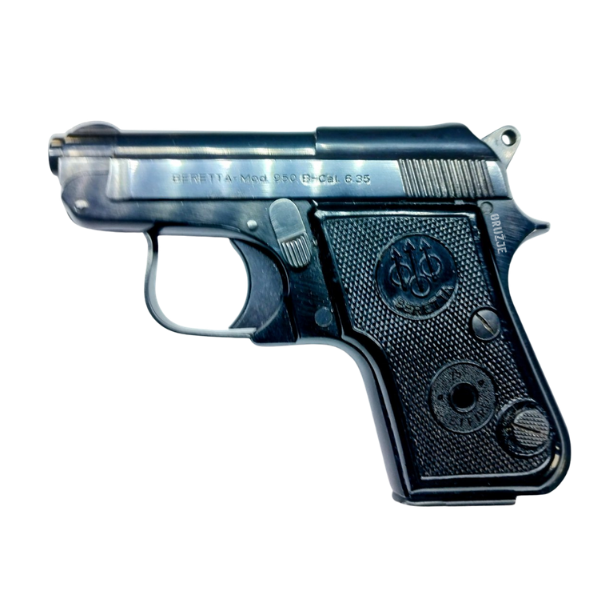 Beretta 950 pištolj kalibra 6.35 mm u izuzetno očuvanom stanju – leva strana pištolja sa originalnom bruniranom završnom obradom.
