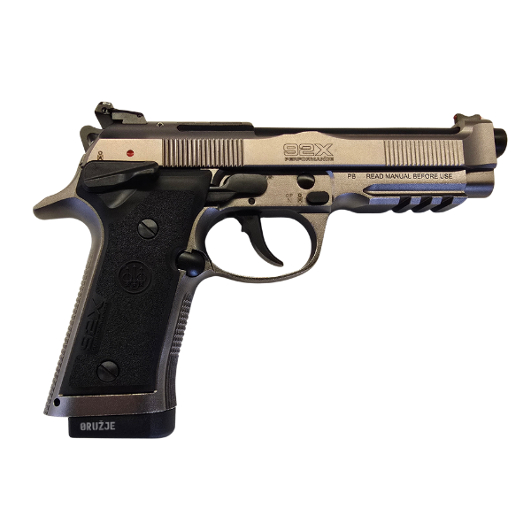 Beretta 92X Performance Carry Optic 9 mm, prikaz desne strane sa produženim komandama, Vertec ramom i takmičarskim karakteristikama za sportsko streljaštvo.
