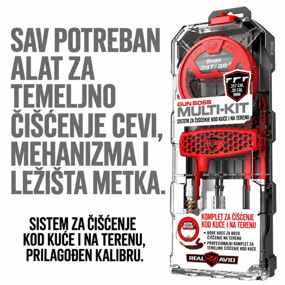 Real Avid Gun Boss Multi-Kit za 9 mm, .357 i .38 sa Bore Boss čistačem, četkicama i priborom u organizovanom koferu