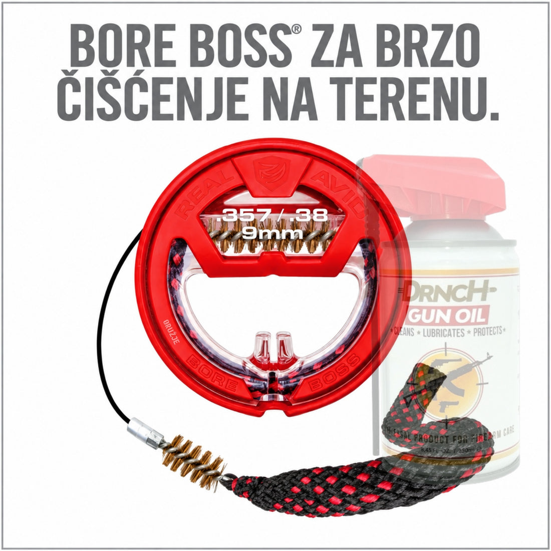Real Avid Bore Boss za 9 mm, .357 i .38 sa četkicom i užetom za čišćenje cevi