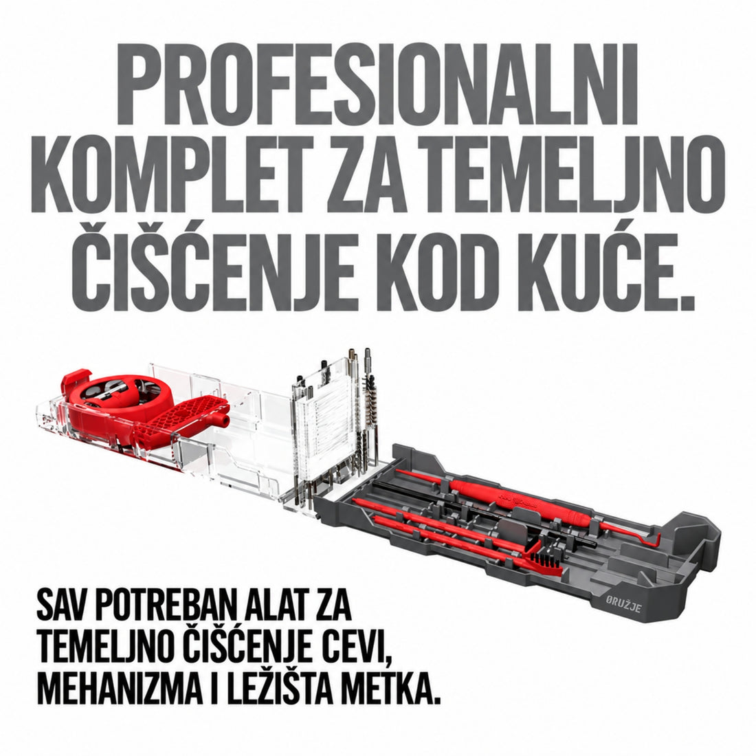 Real Avid Gun Boss Multi-Kit za 9 mm, .357 i .38 u providnom koferu, prikazan pod uglom.