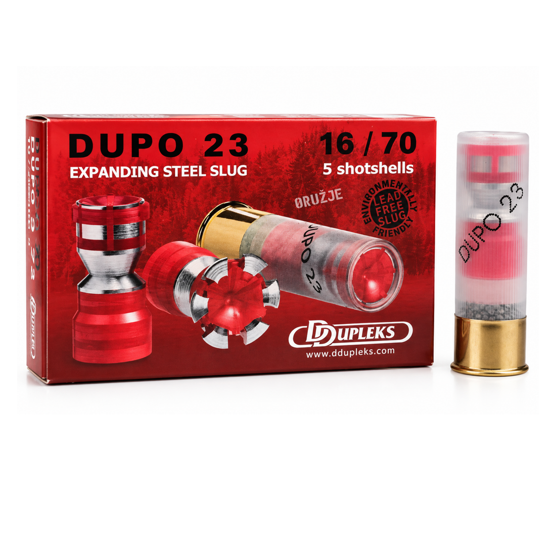 DDupleks DUPO 23 lovački patron 16/70 sa ekspanzivnim čeličnim projektilom od 23 g, brzine 440 m/s, bez olova -originalno pakovanje od 5 komada i prikaz pojedinačnog patrona