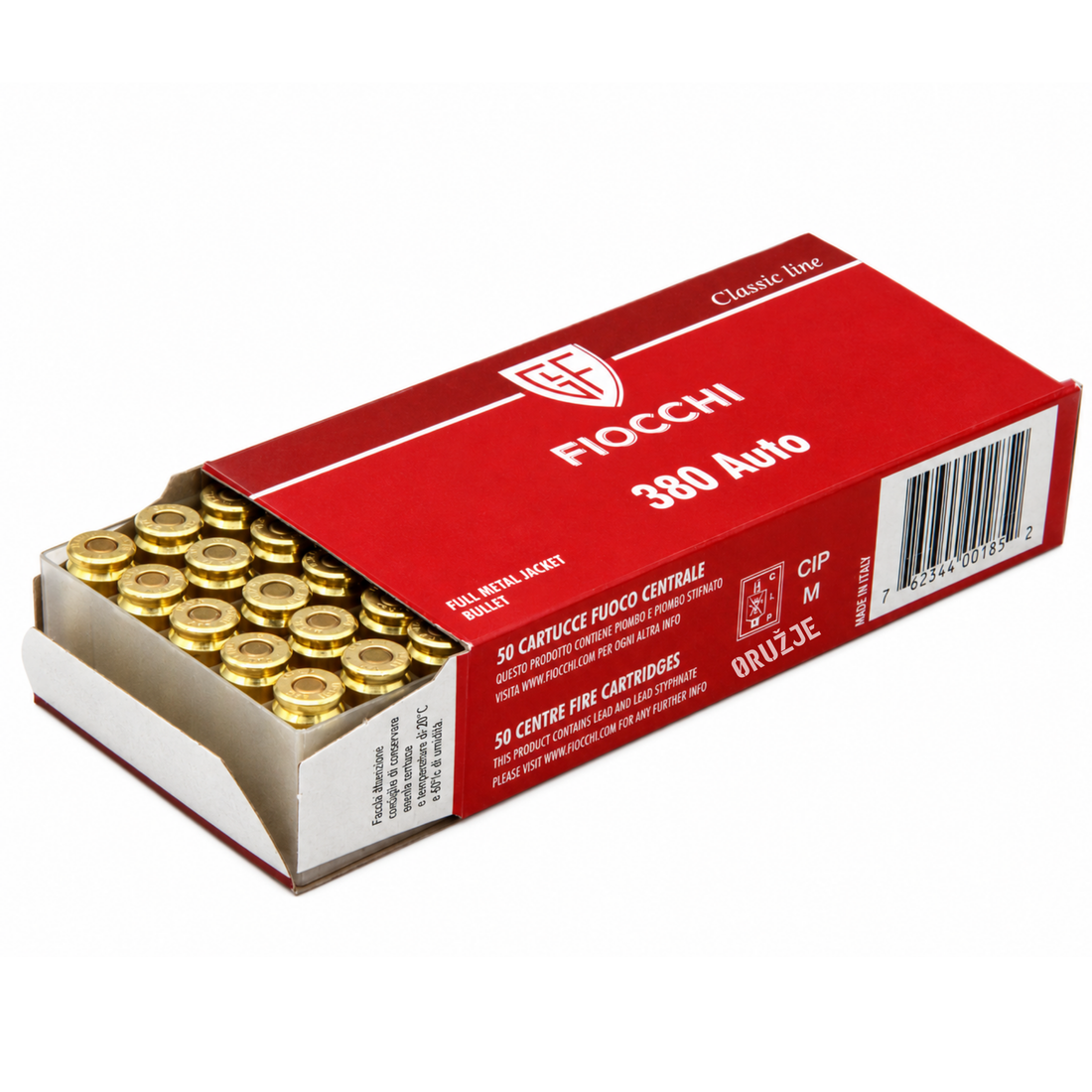 Fiocchi .380 Auto 9mm Short – otvoreno pakovanje - Originalna crvena kutija Fiocchi Classic Line sa vidljivim mesinganim čaurama municije FMJ, pakovanje od 50 komada.