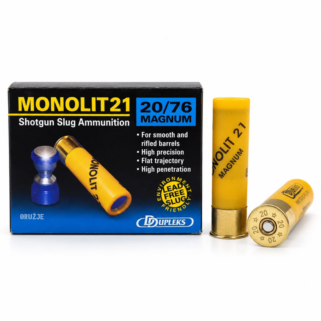 DDupleks Monolit 21 Magnum 20/76, lovačka slug municija sa bezolovnim čeličnim projektilom 19,5 g, kutija i dve žute patrone.