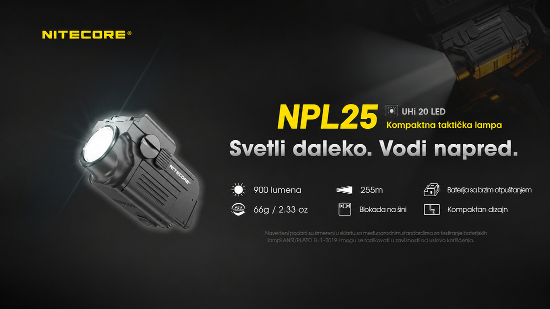NITECORE NPL25 kompaktna taktička lampa za pištolj sa 900 lumena, dometom do 255 metara i magnetnim punjenjem