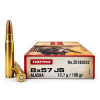 Norma Alaska 8×57 JS, bočna strana kutije sa oznakom 12,7 g / 196 gr i dva metka.