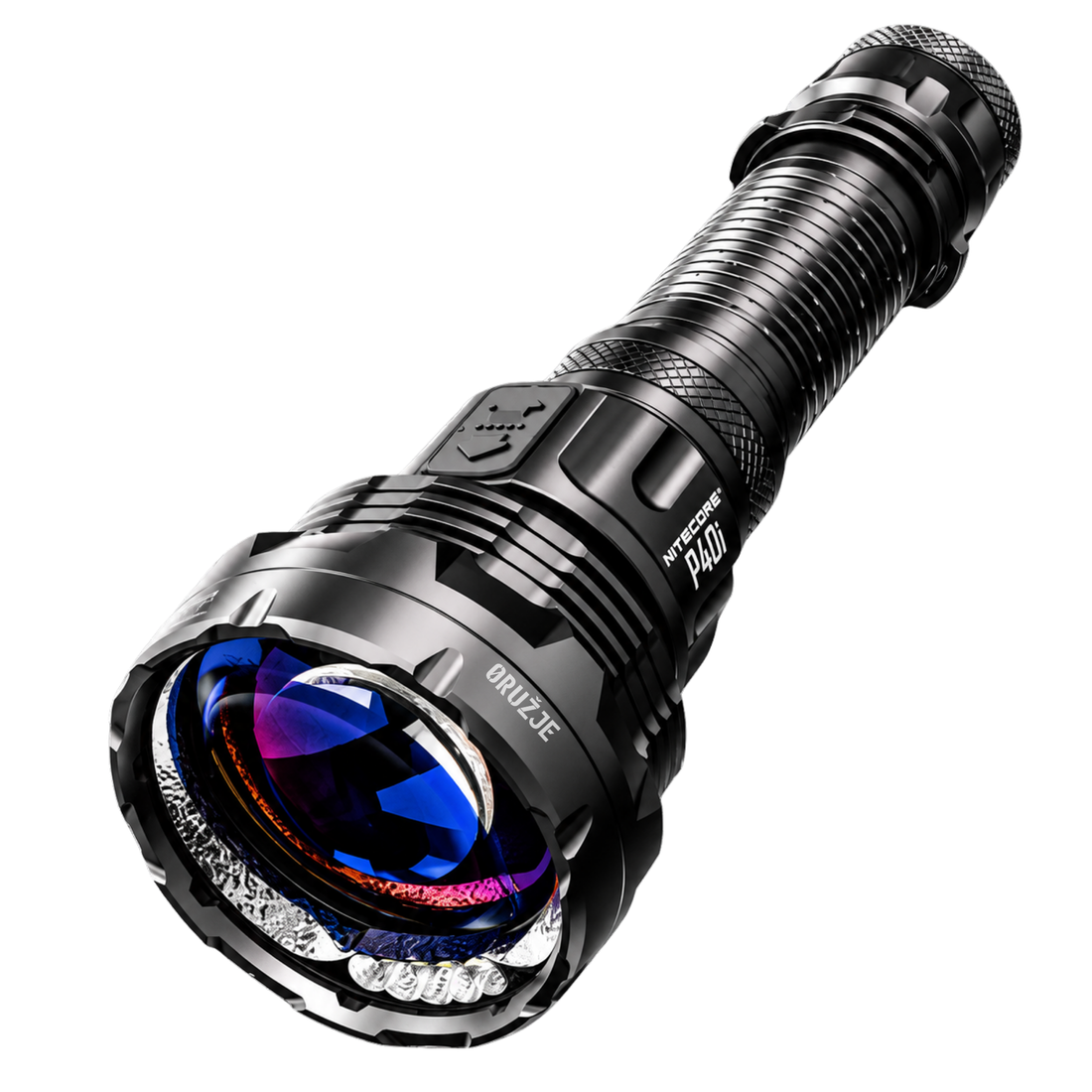 NITECORE P40 LEP lampa sa dvostrukim snopom, prikaz prednjeg dela i optike za domet do 2900 metara
