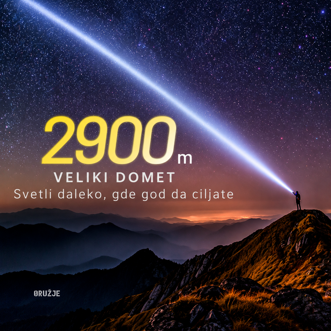 NITECORE P40 lampa dometa 2900 metara sa usmerenim svetlosnim snopom u noćnom planinskom okruženju