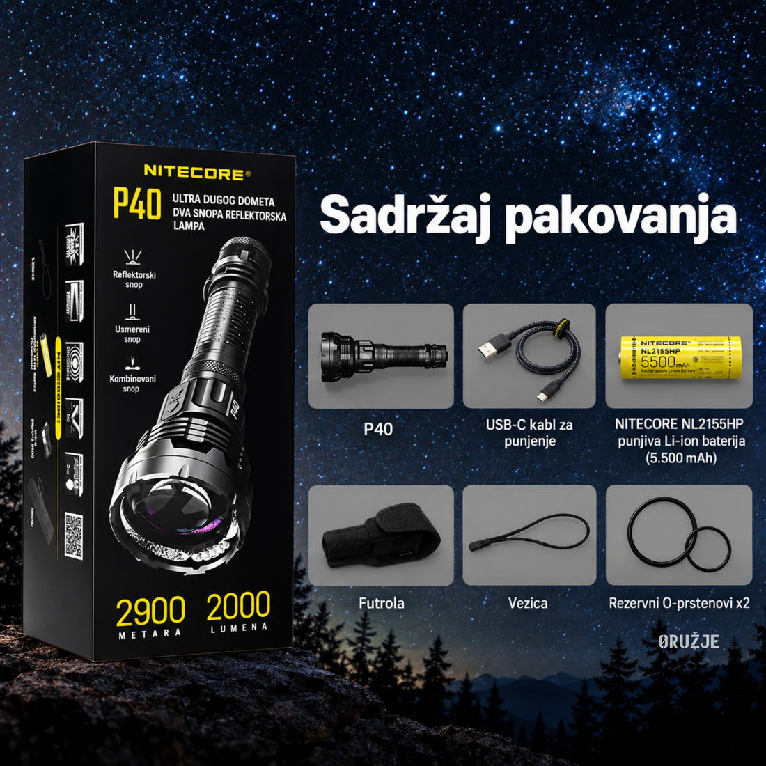 NITECORE P40 Ultra-Long Throw Dual Beam LEP lampa sa spot, flood i kombinovanim režimom osvetljenja