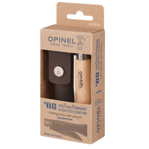 Opinel N°08 Inox sklopivi nož sa bukovom drškom i zaštitnom futrolom za nošenje, nerđajući čelik, kompaktan EDC nož za kampovanje i svakodnevnu upotrebu