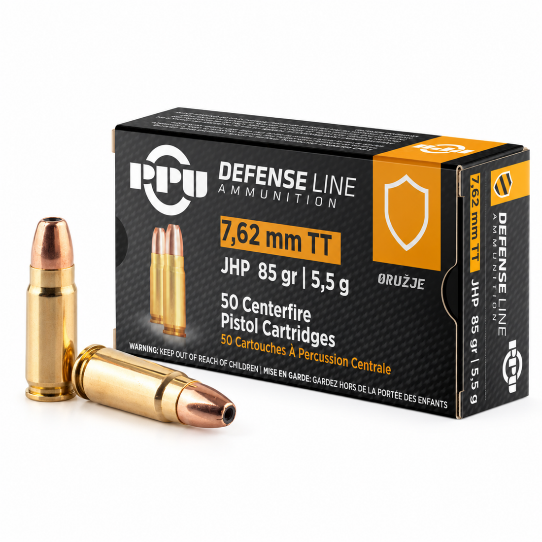 PPU Defense Line 7,62 mm TT JHP 85 gr (5,5 g) - srpska pištoljska municija Prvi Partizan Užice, kutija od 50 metaka sa šupljim vrhom zrna.