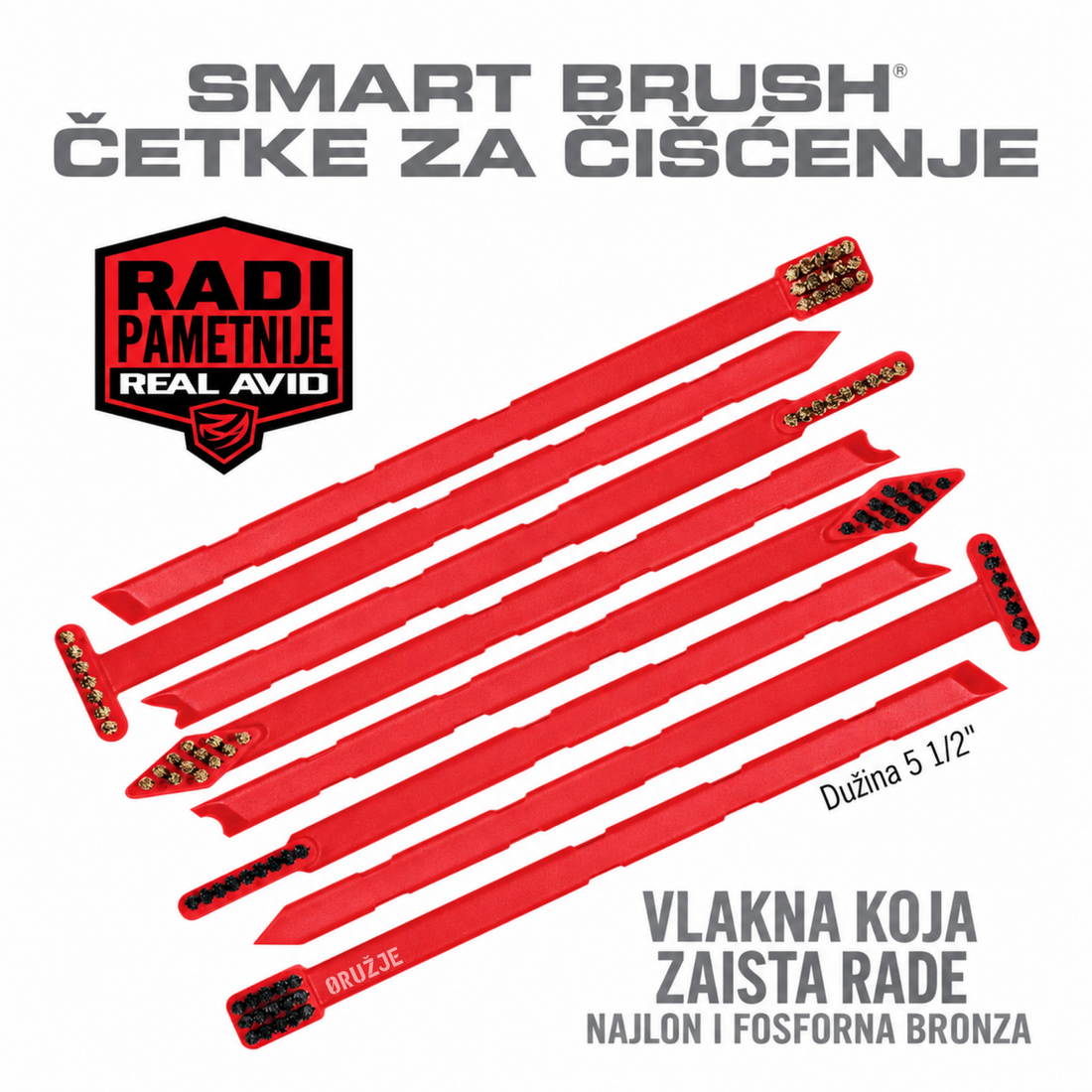 REAL AVID Smart Brush - set od 8 četkica za čišćenje oružja sa najlonskim i fosforno-bronzanim vlaknima i integrisanim strugačima.