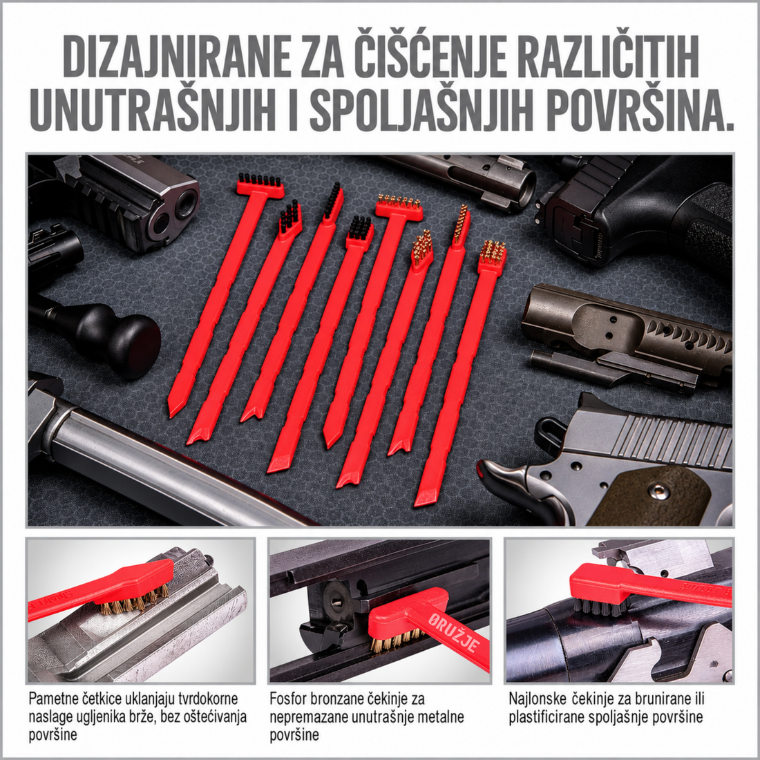 REAL AVID Smart Brush - prikaz čišćenja metalnih delova oružja četkicama sa najlonskim i fosforno-bronzanim vlaknima, uz set od 8 alata.