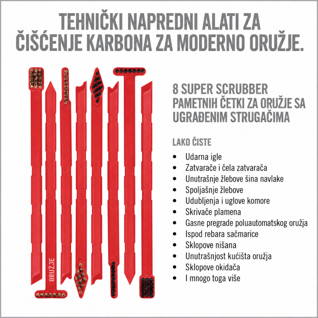 REAL AVID Smart Brush - četiri različita oblika četkica od najlona i fosforne bronze i četiri integrisana strugača za uklanjanje tvrdokornih naslaga.