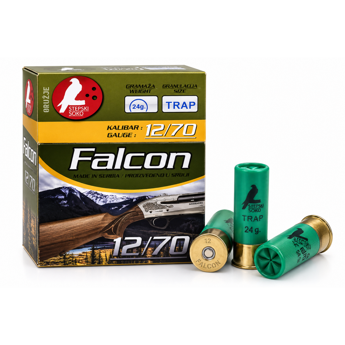 STEPSKI SOKO FALCON TRAP 12/70 - sportska sačmena municija 24 g za gađanje glinenih golubova. Originalno pakovanje i tri zelena patrona na beloj pozadini. Proizvedeno u Srbiji.