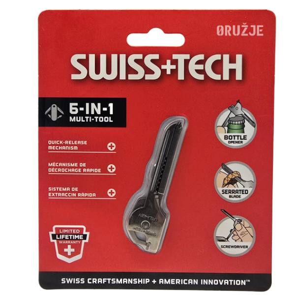 Swiss+Tech 6 in 1 Multi Tool Key multifunkcionalni alat od nerđajućeg čelika na beloj pozadini