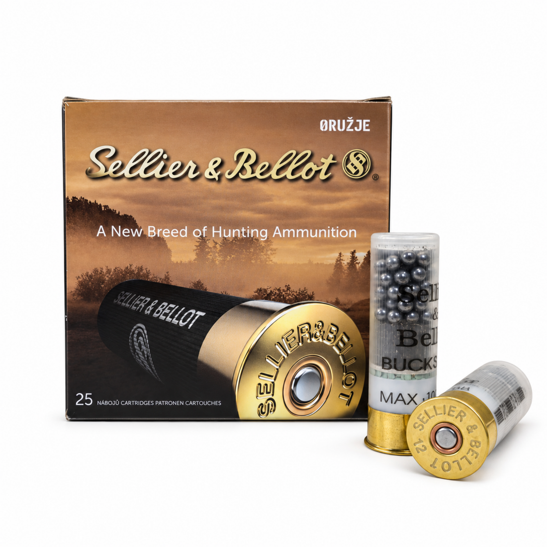 Sellier & Bellot SB Buck Shot 12/70 36 g, sačma 4,5 mm – kutija od 25 patrona i dve patrone, od kojih jedna prikazuje sačmu kroz providno kućište.