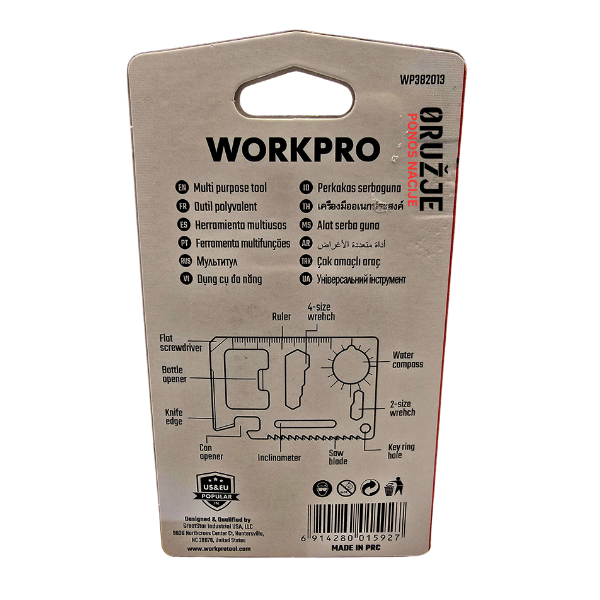 Zadnja strana pakovanja WORKPRO 11-in-1 višenamenskog alata sa prikazom svih funkcija
