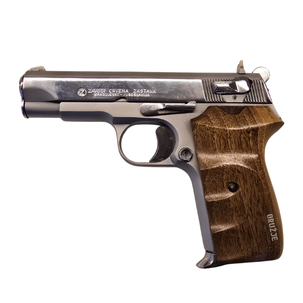 Zastava M88 9 mm Parabellum sa hromiranom završnom obradom i drvenim koricama – leva strana pištolja